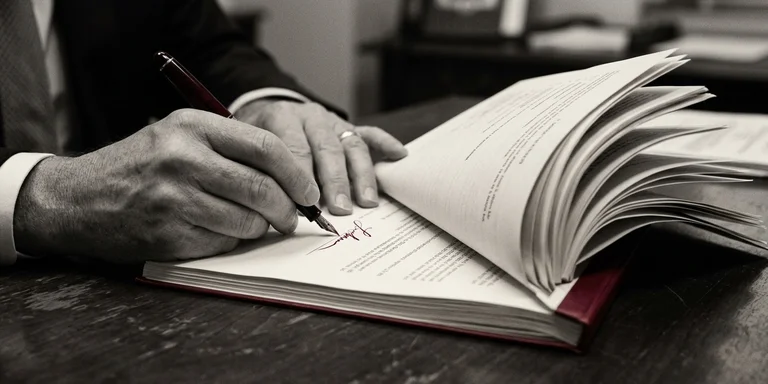 Hands signing through a fanned-out stack of corporate documents on a dark wood desk under low light