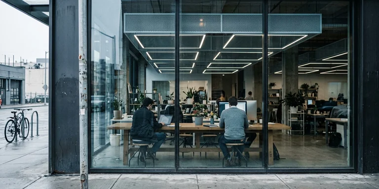 Two people working at a long table in a modern open-plan office with patterned overhead lighting