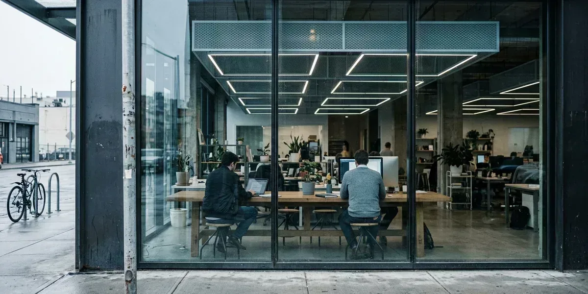 Two people working at a long table in a modern open-plan office with patterned overhead lighting
