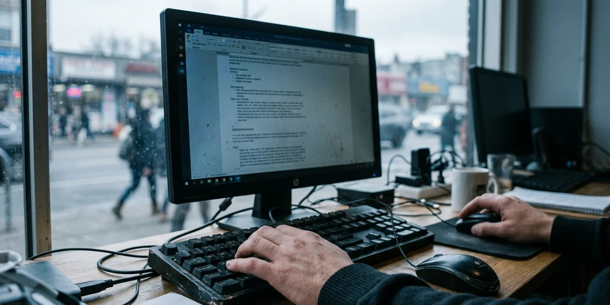 Close-up of a hand at a desktop keyboard with the monitor and mouse visible to the side