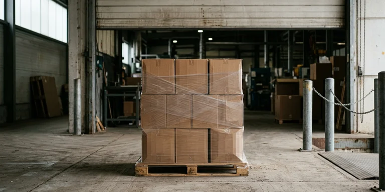 A supplier pallet of stacked cartons wrapped in plastic film on a loading bay, roller door raised behind it