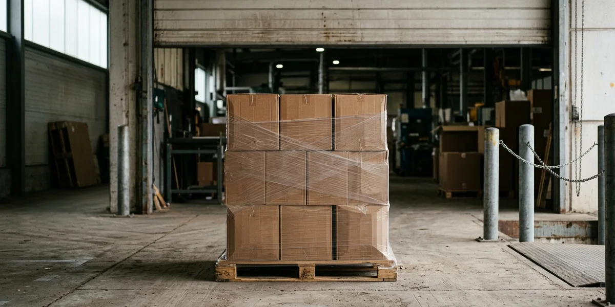 A supplier pallet of stacked cartons wrapped in plastic film on a loading bay, roller door raised behind it