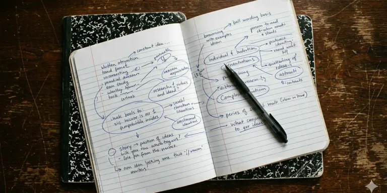 Open notebook on a wooden desk filled with handwritten brainstorming notes and mind-map bubbles, a pen resting on the page