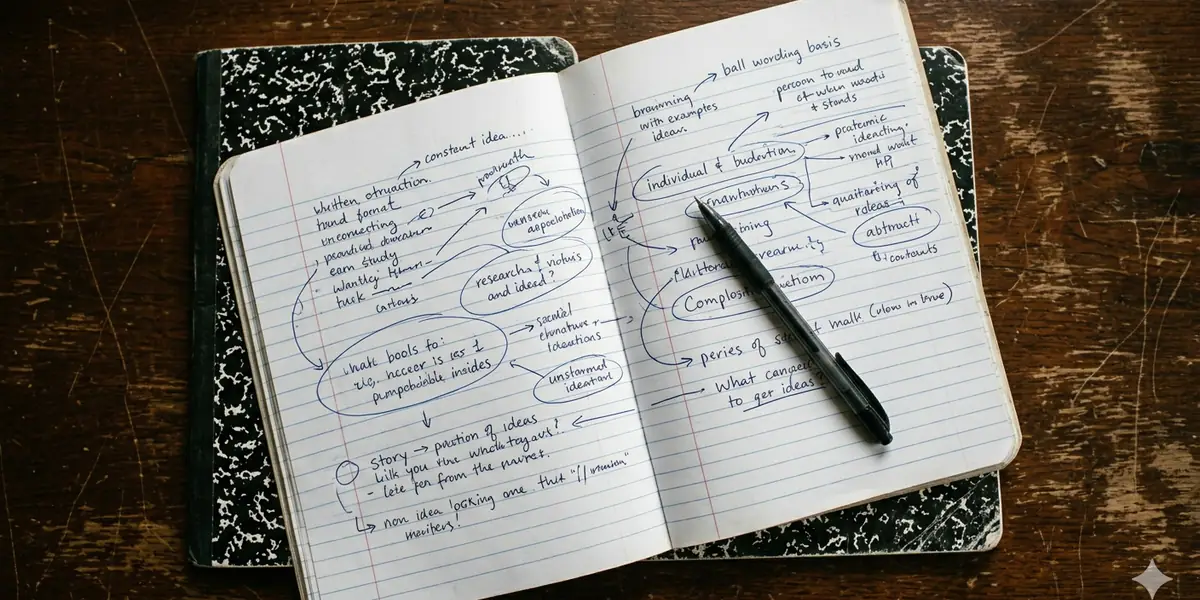Open notebook on a wooden desk filled with handwritten brainstorming notes and mind-map bubbles, a pen resting on the page