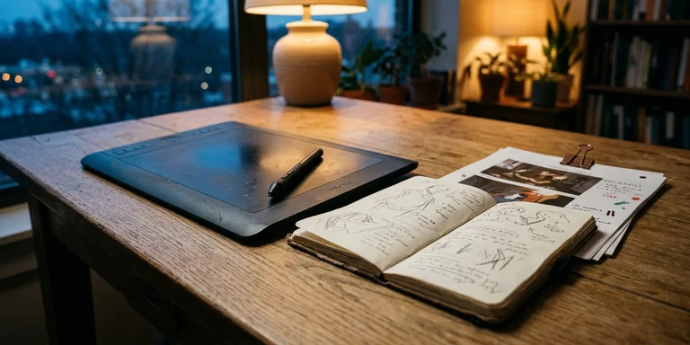 A stylus resting on a drawing tablet beside an open sketchbook and a short stack of printed proofs