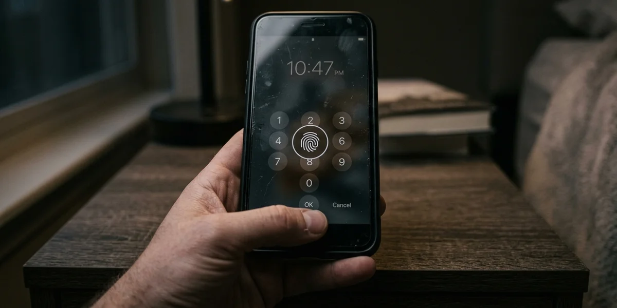 A smartphone lock screen showing a fingerprint biometric icon over a number keypad in low light