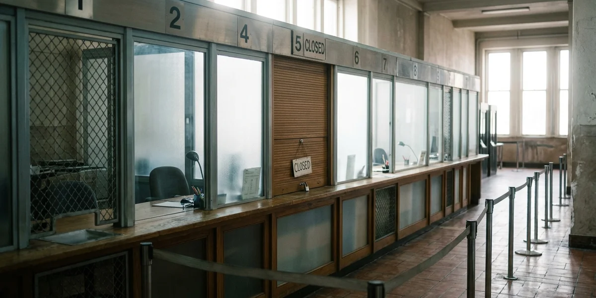 A public service counter with numbered wickets along a tiled corridor, one wicket shuttered and the rest empty