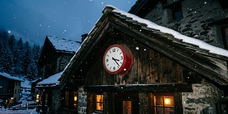 A red wall clock mounted on the dark gabled roof of a building with snow falling around it