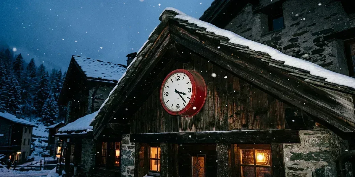 A red wall clock mounted on the dark gabled roof of a building with snow falling around it