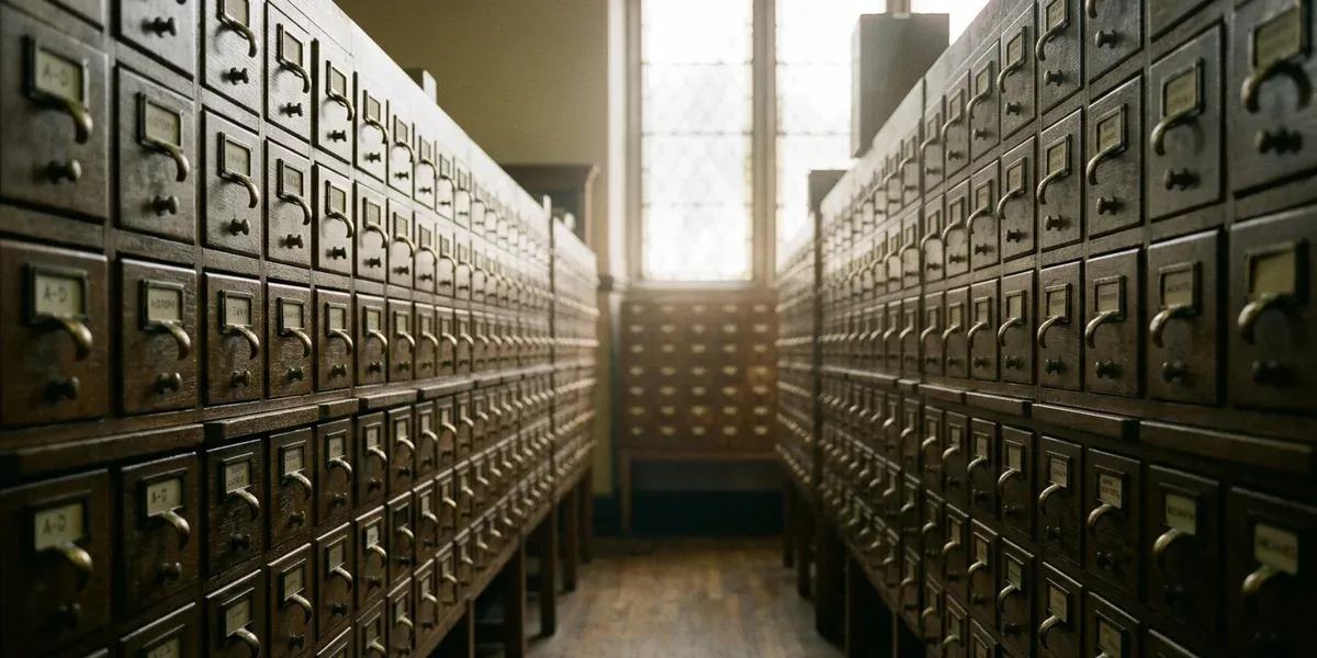 Rows of wooden card-catalogue drawers with brass label holders in a library archive setting