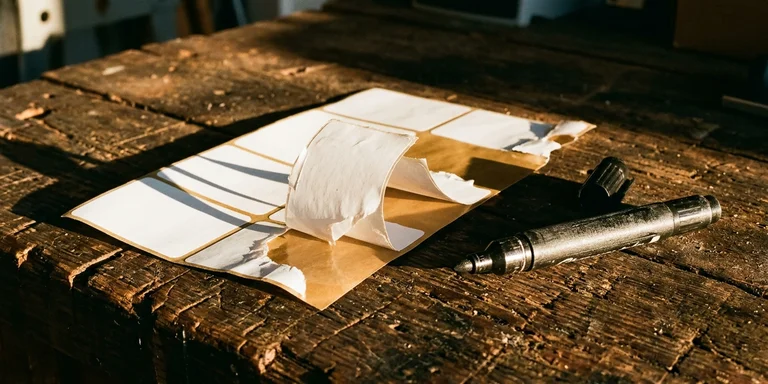 Blank white adhesive labels curling off a backing sheet beside an uncapped marker on worn wood