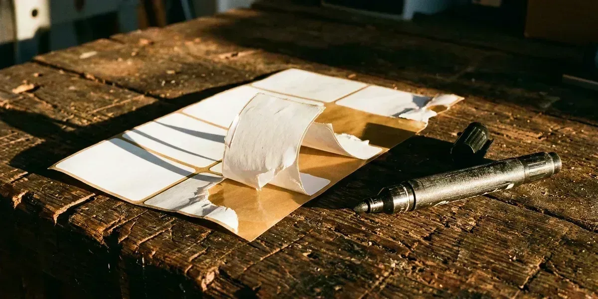 Blank white adhesive labels curling off a backing sheet beside an uncapped marker on worn wood