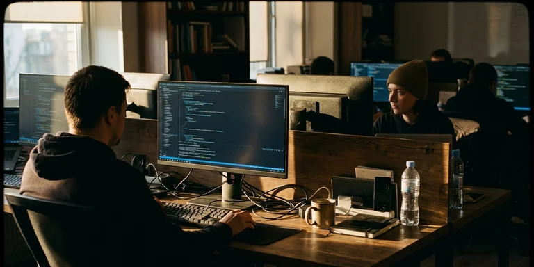 Two developers at adjacent desks working on monitors filled with lines of code in a dim office