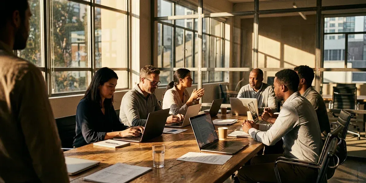 A diverse group meeting around a long conference table with laptops in a glass-walled boardroom