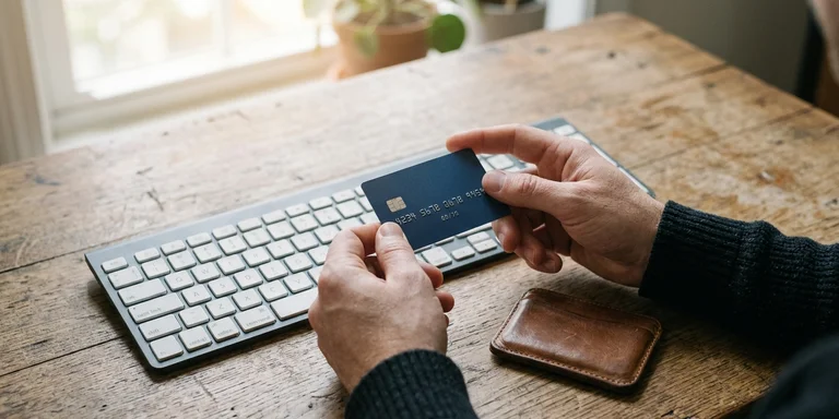 Overhead view of hands holding a credit card next to a wireless keyboard and a small leather card wallet