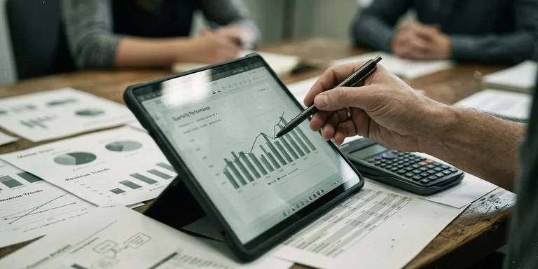 A hand holding a pen pointing at charts on a tablet, surrounded by printed graphs and a calculator