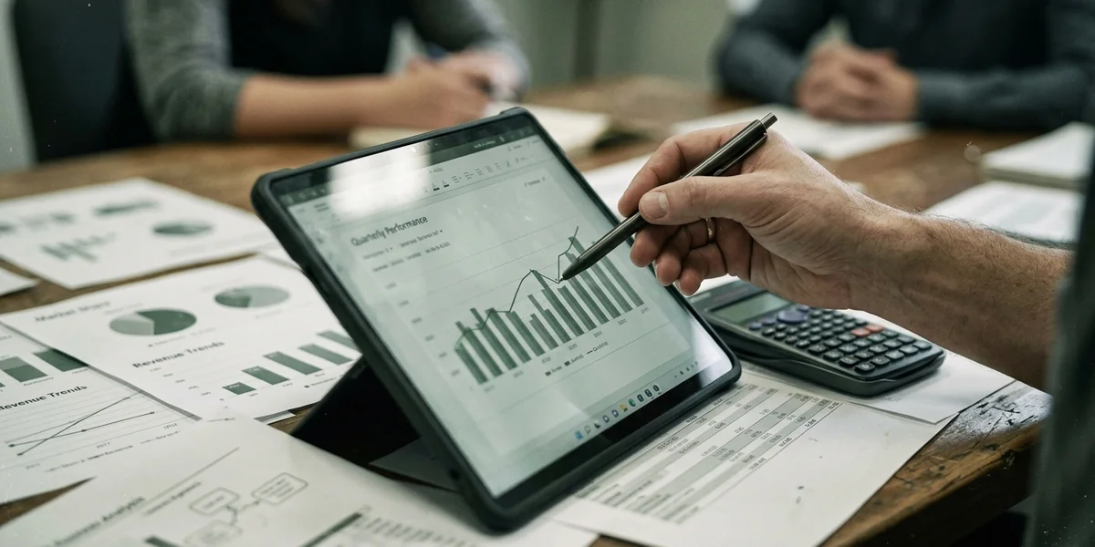 A hand holding a pen pointing at charts on a tablet, surrounded by printed graphs and a calculator