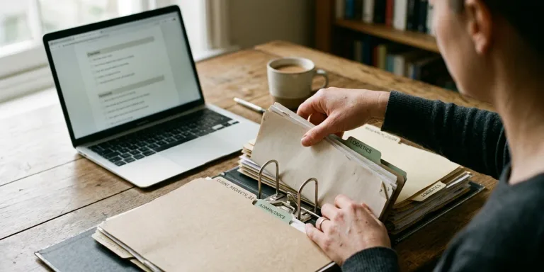 Hands organizing labelled file folders and stapled documents into a binder on a warm wood desk beside an open laptop