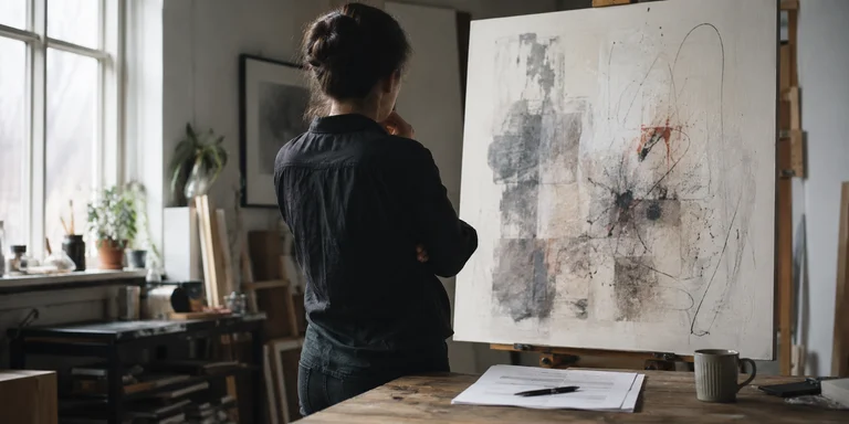 An artist seen from behind reviews an abstract canvas in a sunlit studio with papers and a mug on a wooden table
