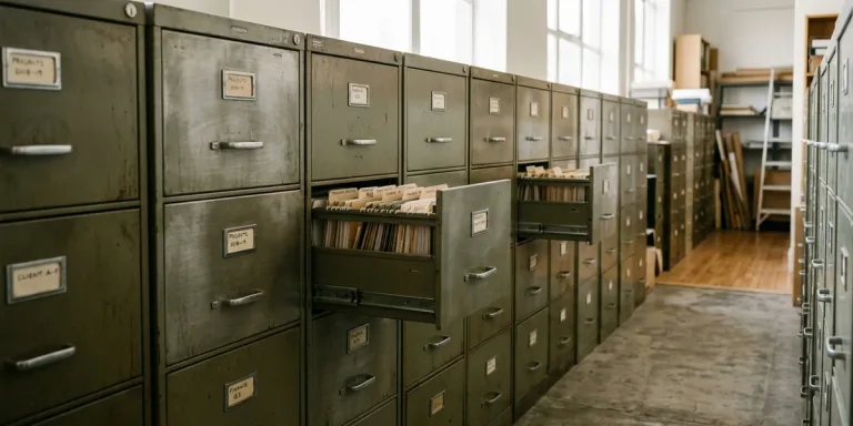 Rows of labelled metal filing cabinets in a softly lit office archive, several drawers open, in a muted green-grey palette