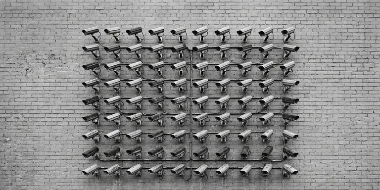 A grid of dozens of black and white surveillance cameras mounted across a grey brick wall