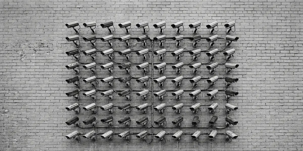 A grid of dozens of black and white surveillance cameras mounted across a grey brick wall