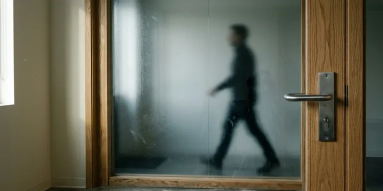 A frosted-glass office door seen from inside, with a person's blurred silhouette walking past in soft natural daylight