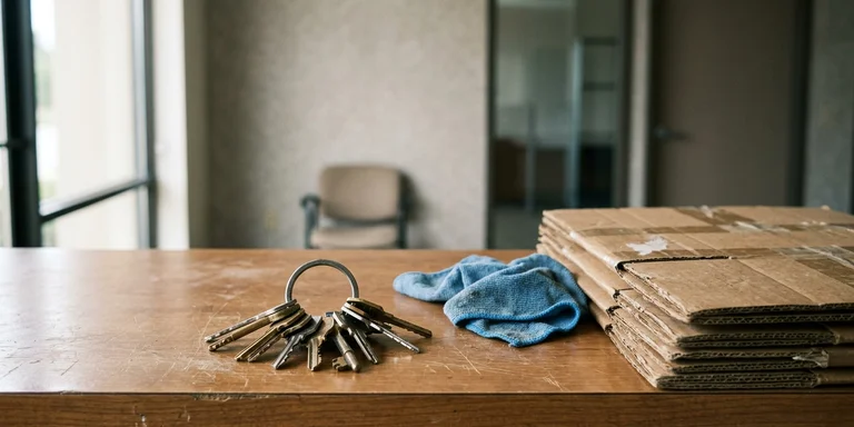 A ring of keys left on a cleared reception counter beside flattened cardboard cartons and a dust cloth