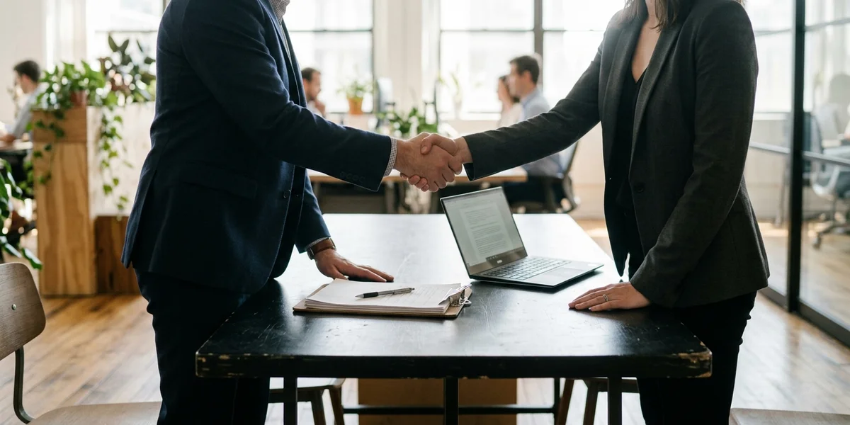 Two people shaking hands across a black office table over a clipboard and a small open laptop