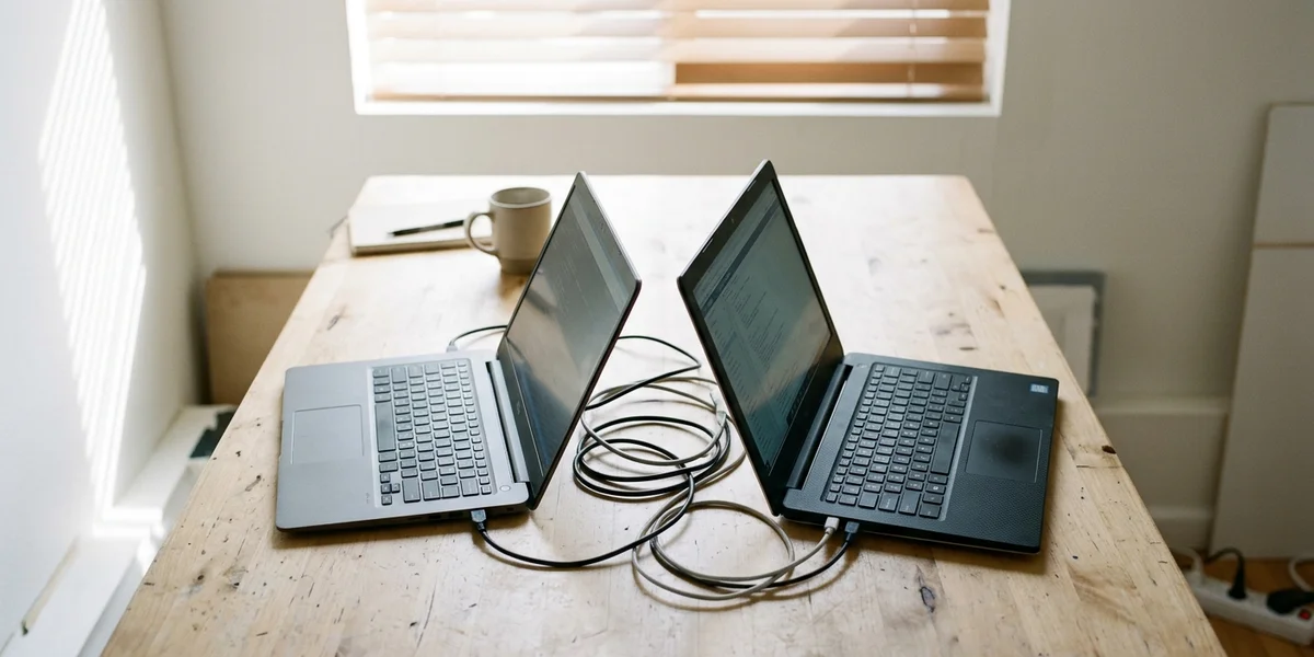Two laptops open back to back on a shared studio bench, coiled cables between them and the blinds half drawn