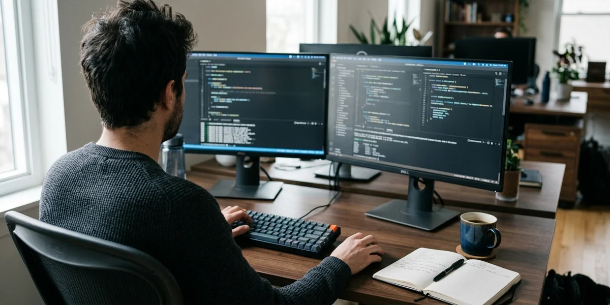 Over-the-shoulder view of a software developer at a multi-monitor workstation in a softly lit modern office