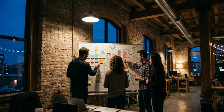 Four people gathered around a whiteboard covered in sticky notes in a loft-style office with exposed brick