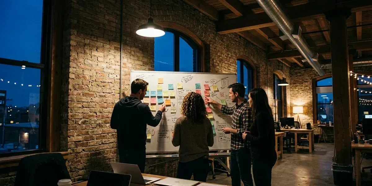 Four people gathered around a whiteboard covered in sticky notes in a loft-style office with exposed brick