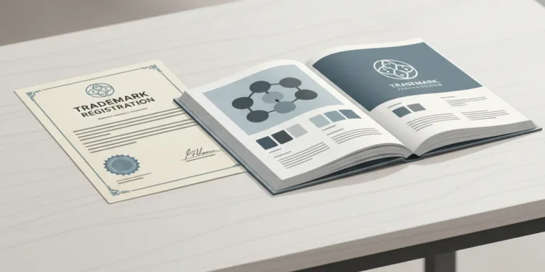 Muted illustration of a trademark certificate beside a brand style guide on a wooden desk, in a blue and grey palette