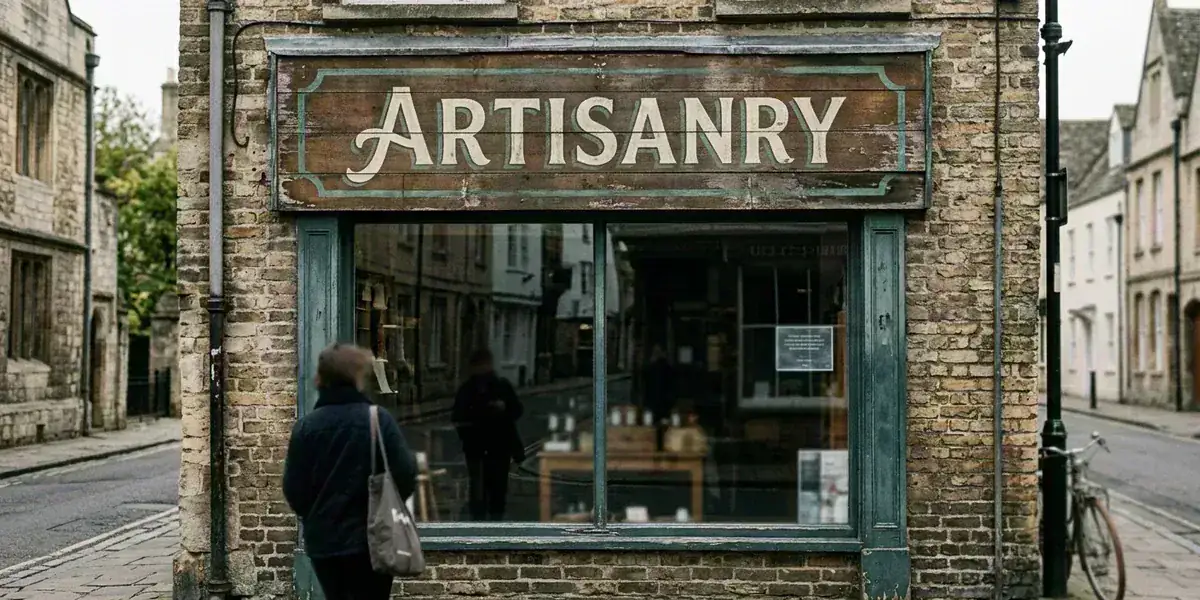 Eye-level photograph of an independent shop's hand-painted brand sign above its storefront window on a quiet city street