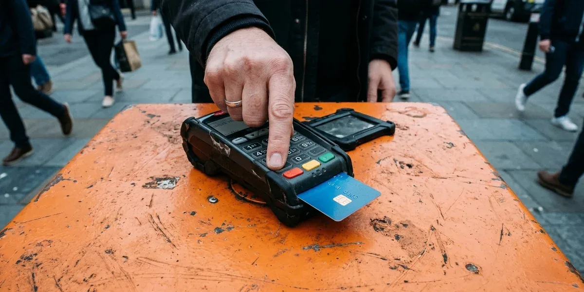 Overhead view of a hand inserting a chip card into a payment terminal on an orange surface