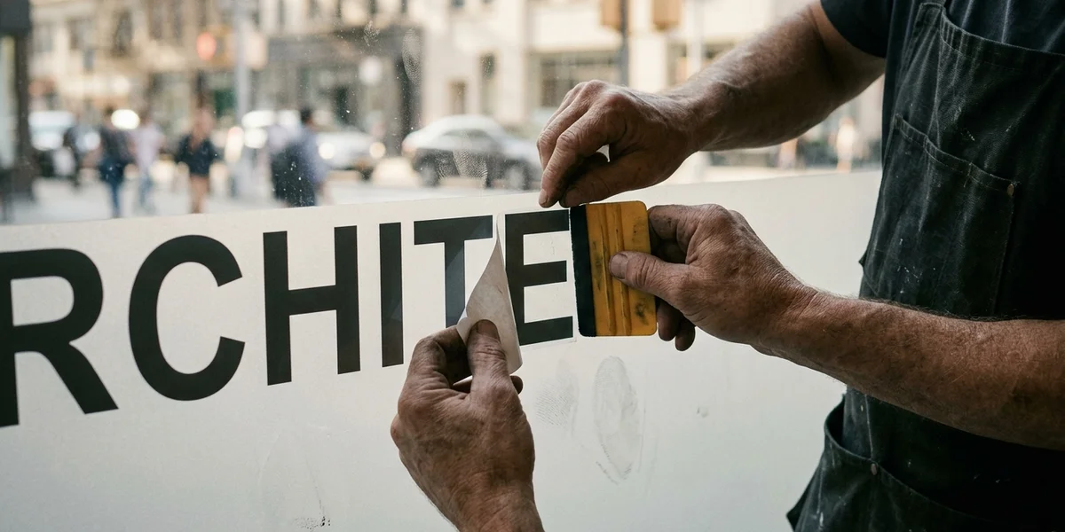 Close-up of weathered hands applying large black vinyl letters to a glass storefront window, with a blurred street behind