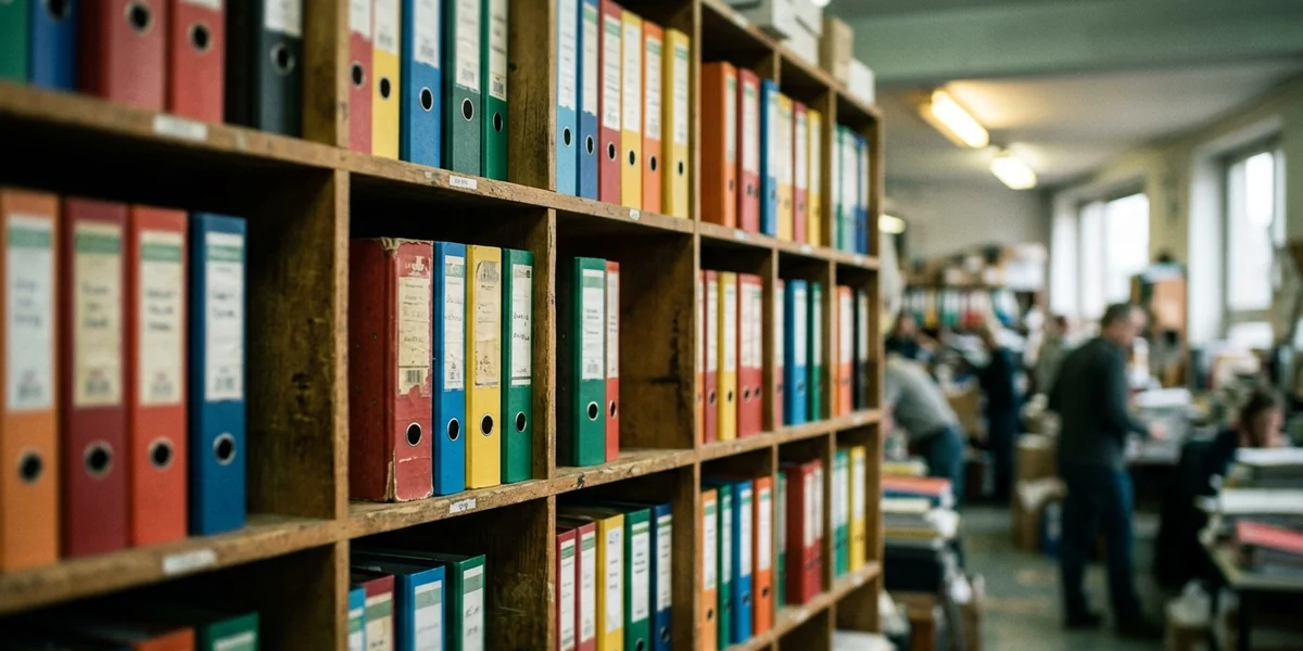 Shelves of brightly coloured ring binders organised in wooden pigeonhole compartments