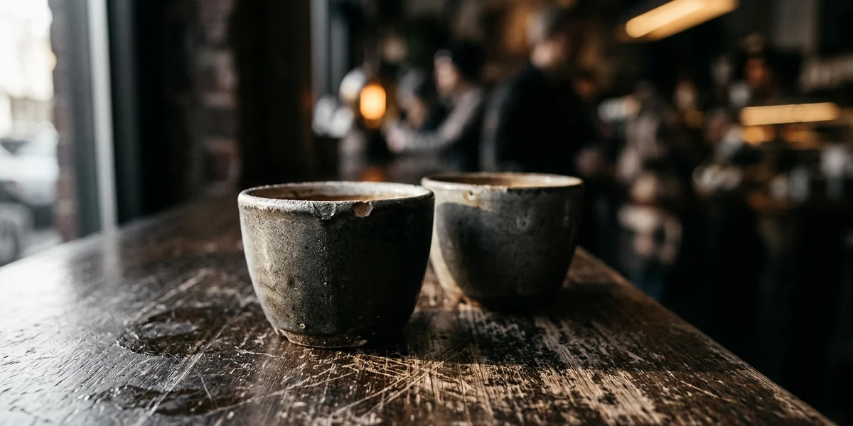 Two near-identical unbranded coffee cups standing side by side on a scratched café counter