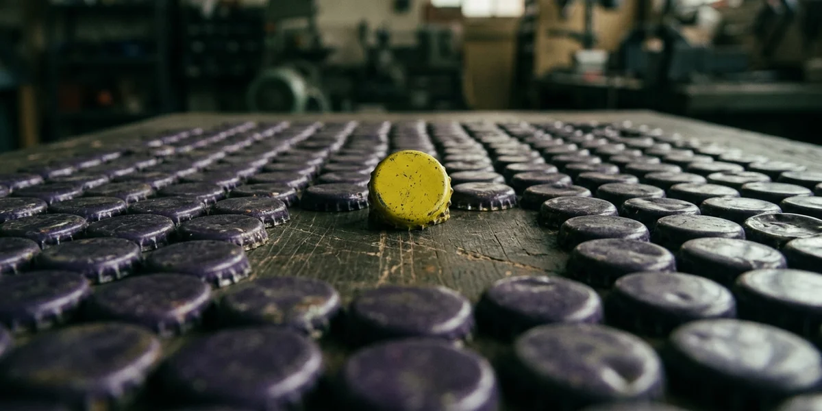 An array of dark purple bottle caps with a single bright yellow cap standing out in the middle
