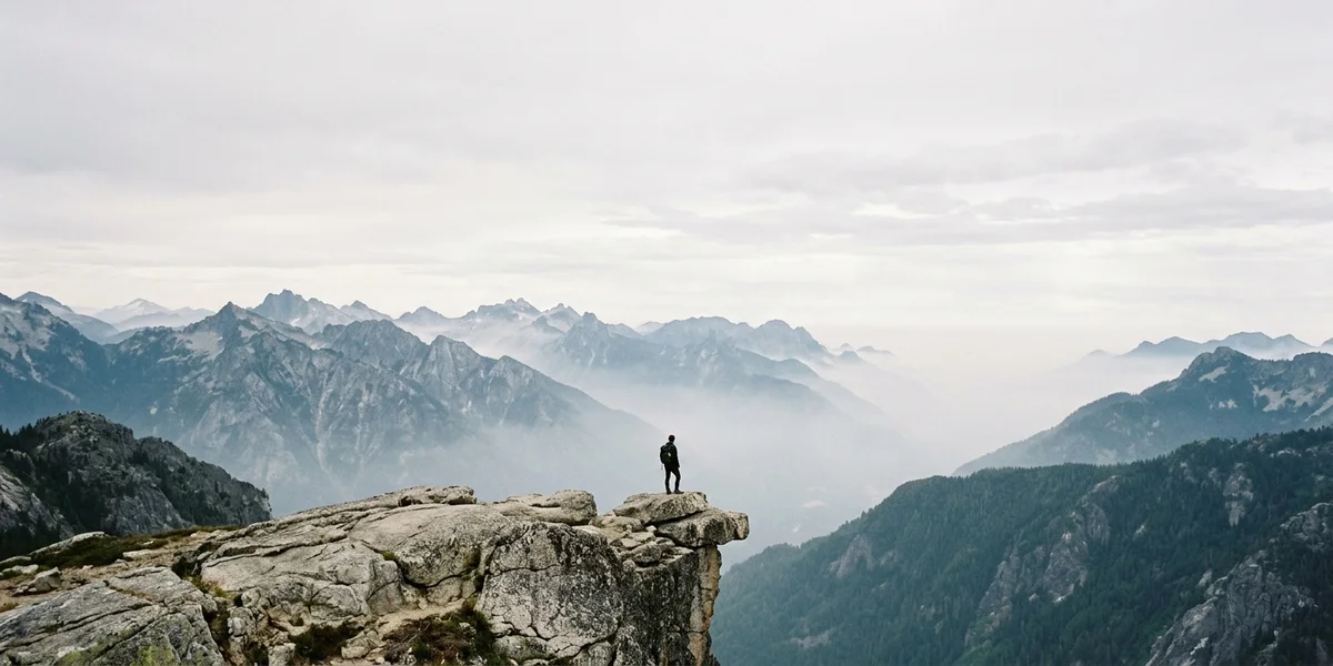 A small distant figure standing on a granite cliff edge overlooking a misty range of mountain peaks