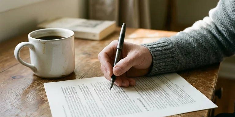 A hand in a grey knit sweater holding a pen over a printed document next to a white coffee mug