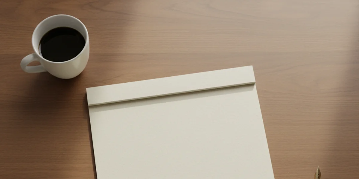 Overhead view of a blank cream-coloured pad of paper on a warm wooden desk with a coffee cup and a fountain pen nearby