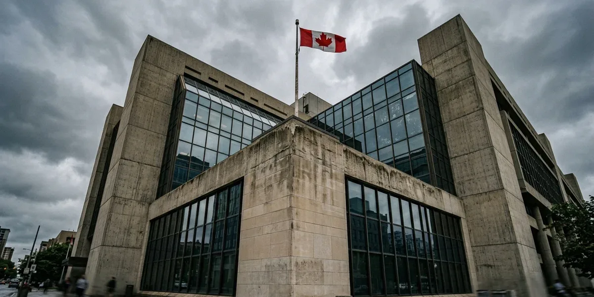 Low-angle photograph of a modern Canadian government office building facade with a Canadian flag against an overcast sky