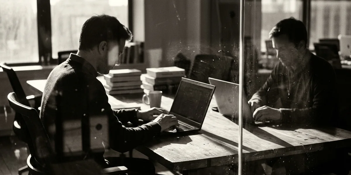 Black-and-white view through a glass partition of two people working at laptops across a table