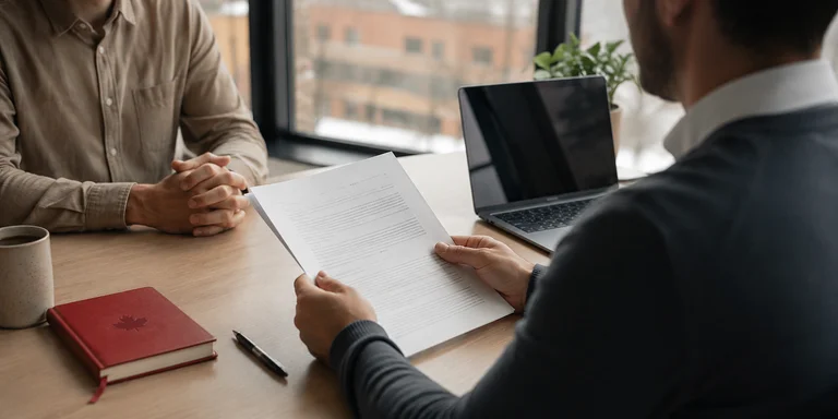 Two people review contract papers at a meeting table beside a laptop, red notebook, mug, and pen in natural light