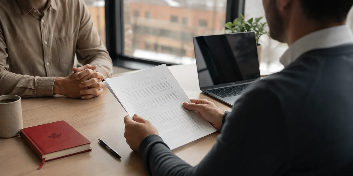 Two people review contract papers at a meeting table beside a laptop, red notebook, mug, and pen in natural light